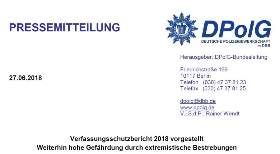 Presseerklärung der DPolG Bund zum Verfassungsschutzbericht 2018