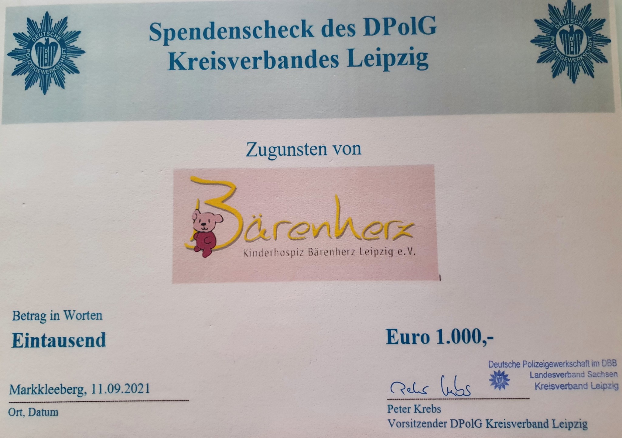 Spendenübergabe des KV Leipzig an das Kinderhospiz Bärenherz Markkleeberg am 11.09.2021